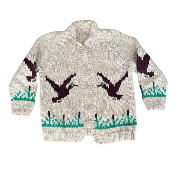 Hand Knitted Duck Sweater Cardigan Shawl Collar Vintage Hunting - Picture 1 of 12